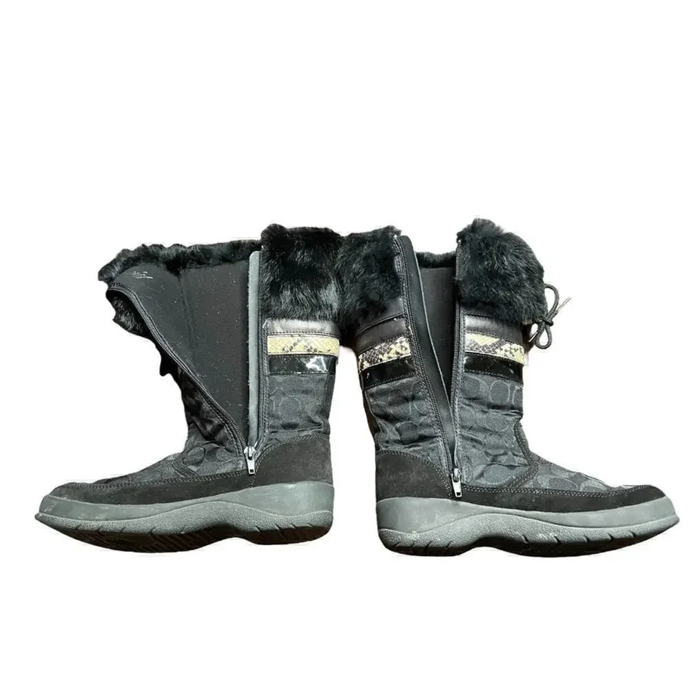 ▶️ Coach ◀️ Lorna Black Monogram Boots With Rabbit Fur Trim Size 7